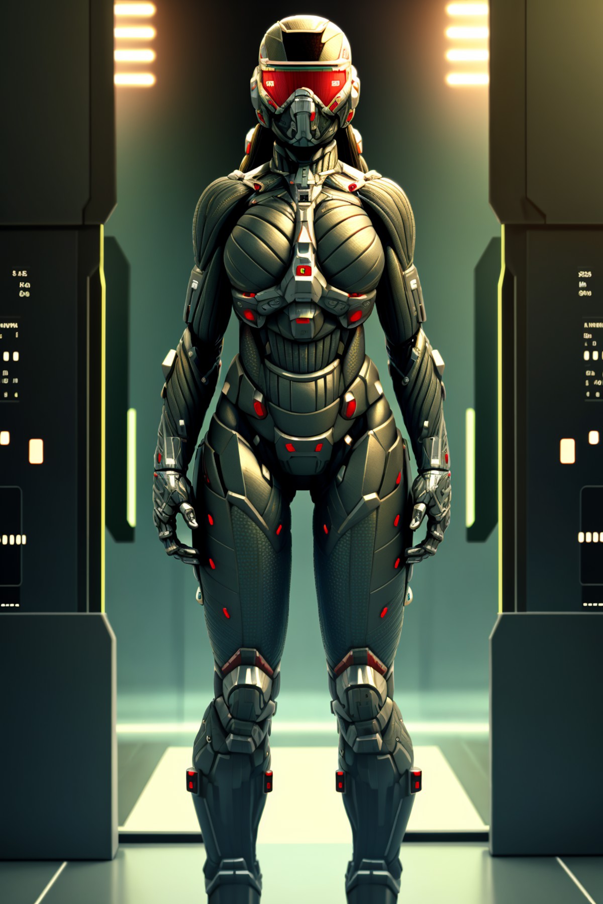 4K, Masterpiece, highres, absurdres,
woman wearing crNanosuit, solo, 1girl, standing, full body, femalefocus, science fict...